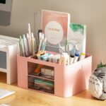 UCRAVO Office Desk Plastic Organizer with Drawer, All in One Office Supplies and Cool Desk Accessories Pen Holder, Enhance Your Decor, Desktop 5 Compartments & 2 Drawer Laddered Desk Organizer (Pink) - Image 3