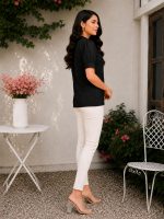 Yash Gallery Women's Rayon Dobby Solid Straight Half Puff Sleeve High Neck Casual Regular Fit Top - Image 3