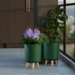 StyleX Store Modern White Flower Pot with Plastic Legs | Indoor Outdoor Planter for Home Garden Balcony Decor Ribbed Design Sturdy Plastic Mid-Century Style (Green Pack of 2) - Image 5