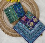 Women's Blue Green Pink Multicolored Ajrak Digital Prined Real Mirror And Latkan Worked Saree With Blouse - Image 5