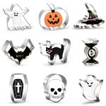 Halloween Cookie Cutters Set, 9-Piece Halloween Cutters - Stainless Steel Silver, Including Pumpkin, Ghost, Bat, Witch Hat, Candy Etc Baking Stamps Tool, for Holiday DIY Cookie and Kitchenware