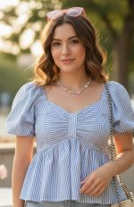 KARMA APPAREL Women’s Stylish Puff Sleeve Ruched Bow Front Top | Trendy Casual Summer Wear for Girls | Soft Lightweight Western Top for Daily & Vacation Outfit - Image 2