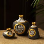 ExclusiveLane Terracotta Pots Flower Vases for Living Room Terracotta Decorative for Home & Decorative Vase for Home Decor (13.4 cm x 13.4 cm x 14.9 cm, Jet Black, Golden & White)