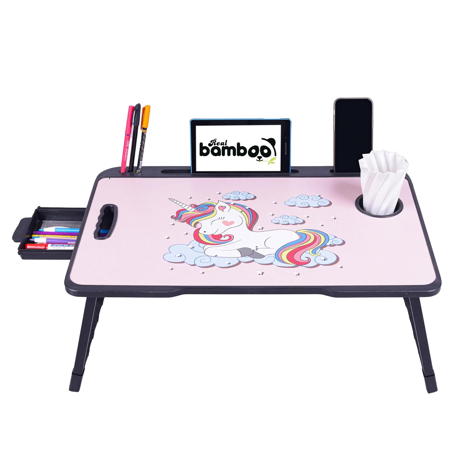 719AUm23xVL._SL1500_.jpg Real Bamboo Wood Smart Multipurpose Foldable Laptop Table with Cup Holder, Study Table, Bed Table, Breakfast Table, Portable,Ergonomic & Rounded Edges/Non-Slip Legs~~ (US Biding Unicorn) - Image 1