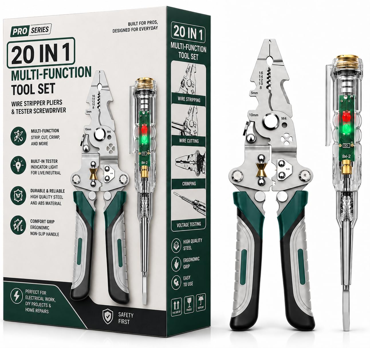 71A2OSWMjfL._SL1292_.jpg 20-in-1 Wire Stripper Tool Kit with Tester Screwdriver | Multi Function Wire Stripping, Cutting & Crimping Pliers | Electrical Repair Tool for Electricians, Cable, DIY, Home & Professional Use - Image 1