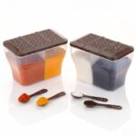MAGIC SPOON Multipurpose 2 Section Storage Container with Measuring Spoons | Spice Box, Pickle Jar, Fridge Organizer, Dry Fruit, Vegetable & Kitchen Storage Container- 2000ml X Pack 2 (BROWN)