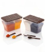 MAGIC SPOON Multipurpose 2 Section Storage Container with Measuring Spoons | Spice Box, Pickle Jar, Fridge Organizer, Dry Fruit, Vegetable & Kitchen Storage Container- 2000ml X Pack 2 (BROWN)