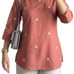 Women Peach Embroidered Cotton Short Kurti | Casual Office & College Kurti Top for Girls
