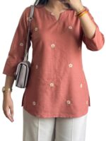 Women Peach Embroidered Cotton Short Kurti | Casual Office & College Kurti Top for Girls