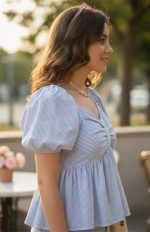 KARMA APPAREL Women’s Stylish Puff Sleeve Ruched Bow Front Top | Trendy Casual Summer Wear for Girls | Soft Lightweight Western Top for Daily & Vacation Outfit - Image 4