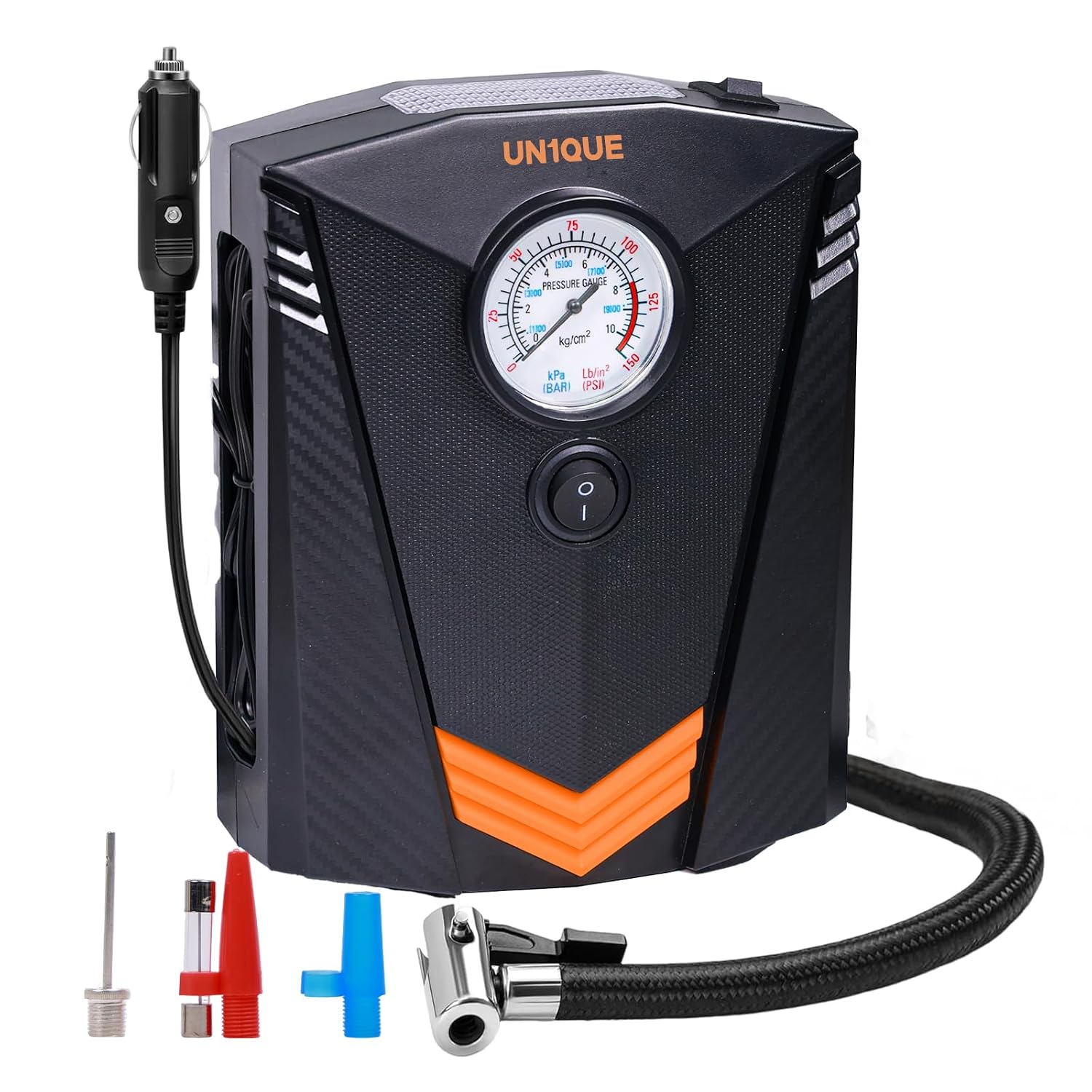 71BVH9OcBsL._SL1500_.jpg UN1QUE Tyre Inflator for Car, 150PSI Car Air Pump, 12V DC Portable Air Compressor for Tyre, Fast Inflation Speed Inflator Pump with LED Light - Image 1
