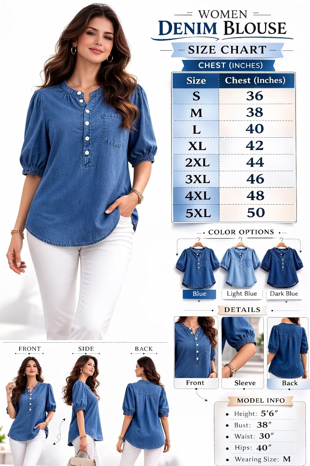 71Bj1XqJCbL._SL1500_.jpg Women's Denim Shirt, Blue, Puff Sleeve, Breeze Top Button Front, Casual Top - Image 1