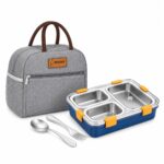Misamo Enterprise Lunch Box with Insulated Lunch Bag Combo, 3 Compartment Stainless Steel Lunch Box with Spoon & Fork, Leak Proof Food Container for School, Office & Travel (Grey Bag+Blue Lunch Box)