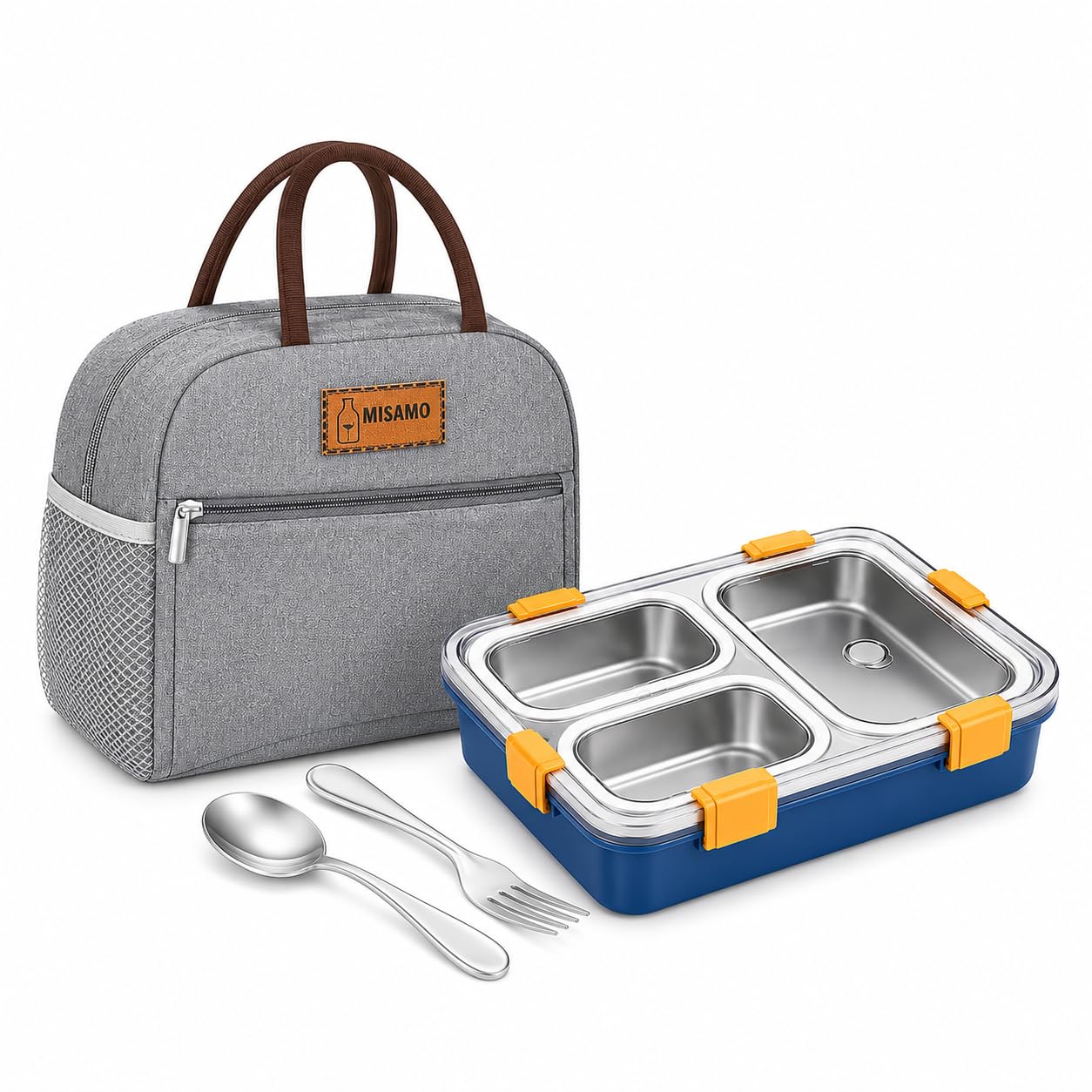 71DZ8QXjbQL._SL1254_.jpg Misamo Enterprise Lunch Box with Insulated Lunch Bag Combo, 3 Compartment Stainless Steel Lunch Box with Spoon & Fork, Leak Proof Food Container for School, Office & Travel (Grey Bag+Blue Lunch Box) - Image 1