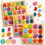 Wooden Alphabet, Number, and Shapes Puzzles for Toddlers - Montessori Educational Learning Toy Set for Boys & Girls - Chunky Colorful Peg Puzzles for 3+ Year Olds, 3-Pack - Image 4