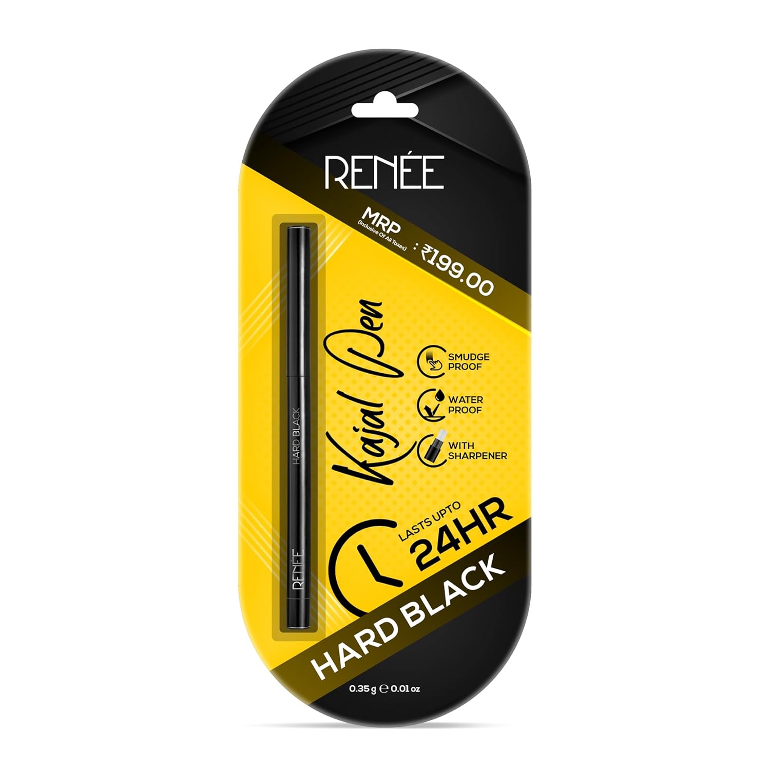 71EtAHrxzKL._SL1500_.jpg RENEE Hard Black Kajal Pen with Sharpener | 24 Hrs Stay | Long Lasting | Super Black Kajal Pencil | Matte Finish & Rich Color Payoff | Smudge & Water Proof | One Swipe Application Formula | 0.35gm - Image 1