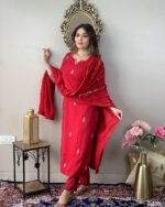 Yashika Women Pink Embroidered Chanderi Fabric Straight Kurta, Pant and Dupatta Set - Image 4