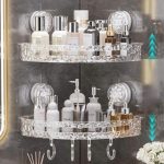 YTHIᵀᴹ Self Adhesive Acrylic Bath Corner Shelf Organiser Self Adhesive Bathroom Shelf Crystal Pattern Design Wall Mounted Storage Rack with Hooks - Image 5