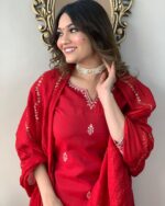 Yashika Women Pink Embroidered Chanderi Fabric Straight Kurta, Pant and Dupatta Set - Image 7