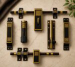 Premium Brass Main Door Handle & Lock Set with Aldrop, Tower Bolt, Hinges & Accessories | Antique Gold Designer Door Hardware Kit for Wooden Doors | Complete Door Fitting Set (MDL 14) - Image 2