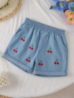 Baby Girls Denim Co-Ord Set | Sleeveless Embroidered Cherry Top & Shorts Set for Kids | Soft Denim Fabric Casual Summer Outfit for Girls (2 Piece Set) - Image 3