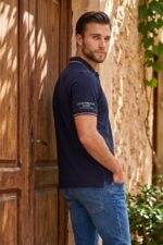 Louis Philippe Men's Slim Fit Single-Tuck Pique Stylized Sleeve Print and Contrast Tipping Half Sleeve Solid Polo Tshirt - Image 4