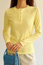 Bollyclues Women’s Ribbed Henley Neck T-Shirt – Soft Stretchable Polyester Blend, Solid Light Yellow Long Sleeve Casual Wear for Office, Daily & Travel - Image 4