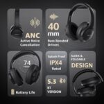 Amazon Basics Pro Series Wireless Noise Cancelling ANC Over Ear Headphone | Bluetooth Headset | USB Charging | 10 m Paring Distance | 74 Hours Battery Life | 40 mm Drivers | IPX4 Rated (Black) - Image 2