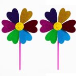 SSKR Pack of 2 Pcs Colorful Wind Fan for Kids | 6 Petals Glitter Wind Spinner | 15 Inch Multicolor Windmill Toy | Outdoor Garden Decor Fan | No Batteries Needed – Spins Naturally with Wind