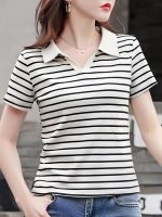 Women Short Sleeve Polo T-Shirts, Lady's Summer Striped Shirt, Collar Neck Casual Tank Tops - Image 3