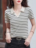 Women Short Sleeve Polo T-Shirts, Lady's Summer Striped Shirt, Collar Neck Casual Tank Tops - Image 4
