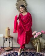 Yashika Women Pink Embroidered Chanderi Fabric Straight Kurta, Pant and Dupatta Set - Image 3