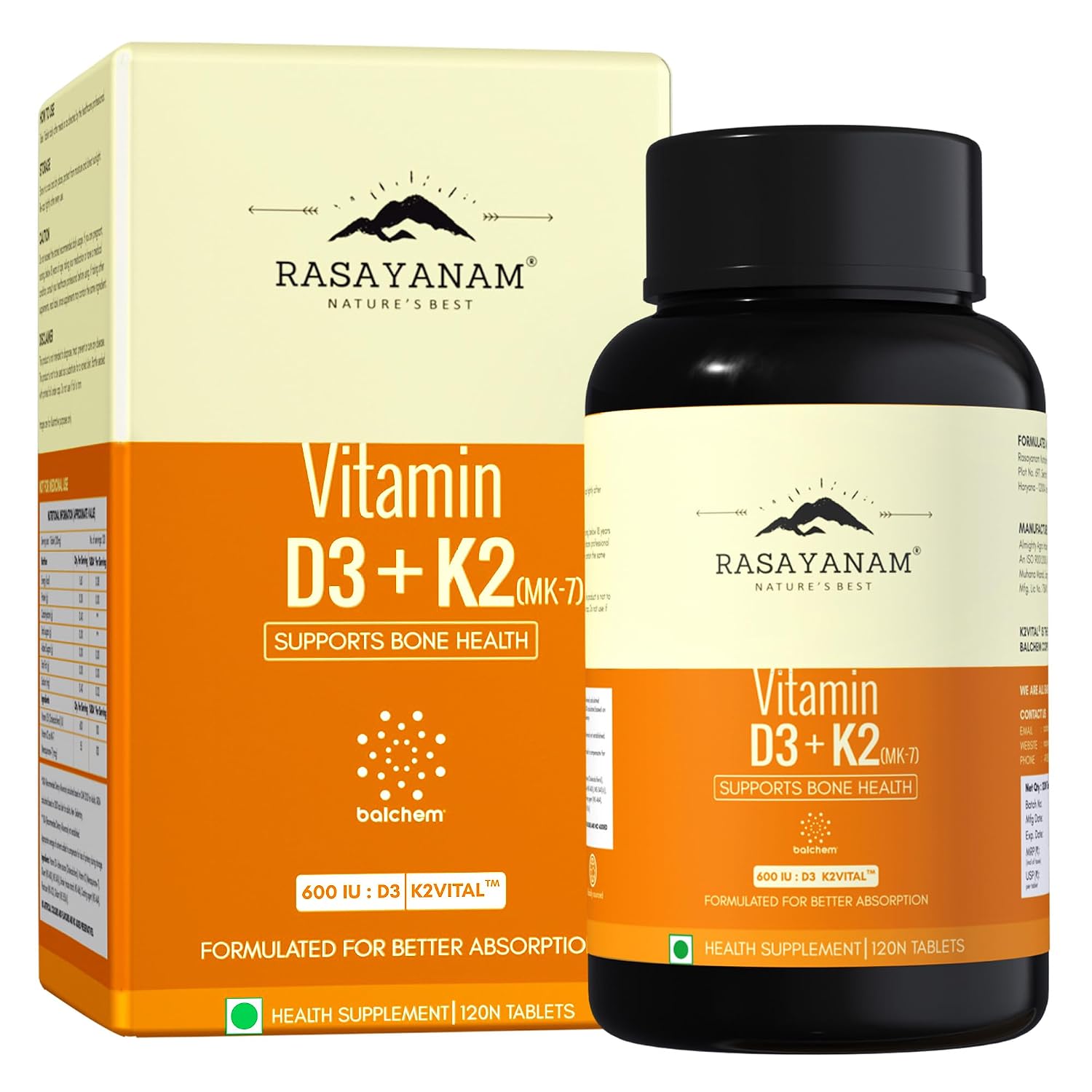 71JgvRB2BnL._SL1500_.jpg Rasayanam Vitamin D3 K2(MK-7) | 100% Vegan Vitamin D3 | Superior K2(MK-7) from Balchem, USA | For Calcium Utilization, Bone Strength & Heart Health | D3 Supplement For Immunity | 120 Veg Tablets - Image 1