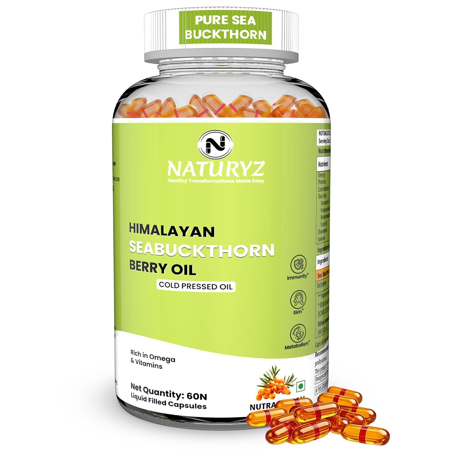 71K-fHMFERL._SL1500_.jpg NATURYZ Himalayan Sea Buckthorn Berry Oil Triple Strength 1120mg | Liquid fill Technology for High Absorption & Bioavailability | Full Spectrum Cold-Pressed Vegetarian Omega 7 + Omega 3-6-9 | Skin Glow, Immunity & Gut Health Supplement | Gentler on Stomach, Non-GMO – 60 Veg Capsules - Image 1