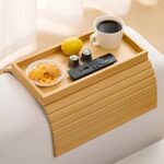 MISHAVI Sofa Armrest Tray - Flexible Wooden Sofa Arm Tray & Integrated Cup Holder - Large Couch Side Arm Wooden Cover for Snacks & Drinks - Fits Round & Square Armrests - Premium Sofa Accessories