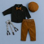 Boys Kids Formal Suspenders Outfit Set – 5-Piece Party Dress with Khaki Trousers, Black Shirt, Suspenders, Bow Tie & Cap | Suit Set For Baby Boy - Image 5