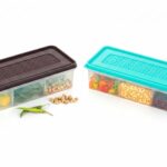 MAGIC SPOON Multipurpose 3 Section Storage Container | Spice Box, Pickle Jar, Fridge Organizer, Dry Fruit, Vegetable & Kitchen Storage Container- Combo Pack (2000ml X 2) (AQUA-BROWN)