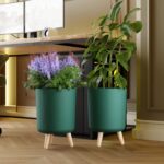 StyleX Store Modern White Flower Pot with Plastic Legs | Indoor Outdoor Planter for Home Garden Balcony Decor Ribbed Design Sturdy Plastic Mid-Century Style (Green Pack of 2) - Image 2