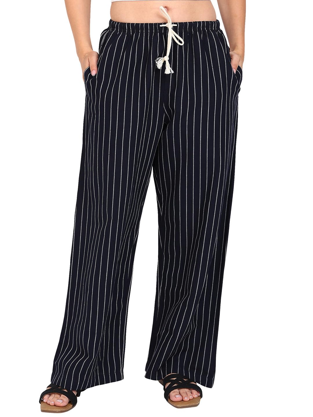 71Lu0-2jppL._SL1440_.jpg Alan Jones Clothing Women's Linen Blend Striped Easy Pants | Wide Leg Straight Fit | Lightweight Breathable Summer Trousers with Pockets - Image 1