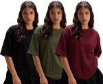 RodZen Women Half Sleeve Polycotton Rib Textured Oversized Tshirt|Drop Shoulder|Loose Fit Tshirt|Stretchable