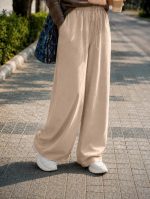 CHICSTIT Women Cotton Wide Leg Trousers | Elastic Waist High Rise Palazzo Pants | Loose Fit/Straight Fit Casual Lounge Pants with Pockets - Image 3