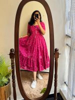 Women's Pink Bandhani Print Tiered Maxi Dress, Short Sleeve, Square Neck, Cotton - Image 2