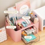 UCRAVO Office Desk Plastic Organizer with Drawer, All in One Office Supplies and Cool Desk Accessories Pen Holder, Enhance Your Decor, Desktop 5 Compartments & 2 Drawer Laddered Desk Organizer (Pink) - Image 5