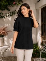 Yash Gallery Women's Rayon Dobby Solid Straight Half Puff Sleeve High Neck Casual Regular Fit Top - Image 2