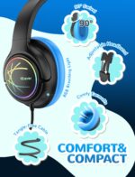 iClever Kids Wired Headphones with LED Light, 85dBA Safe Volume Kids Headphone with Cord, Stereo Sound Foldable Adjustable, USB C Kid Headphones for School/Boys/Girls/iPad, Blue Black - Image 6