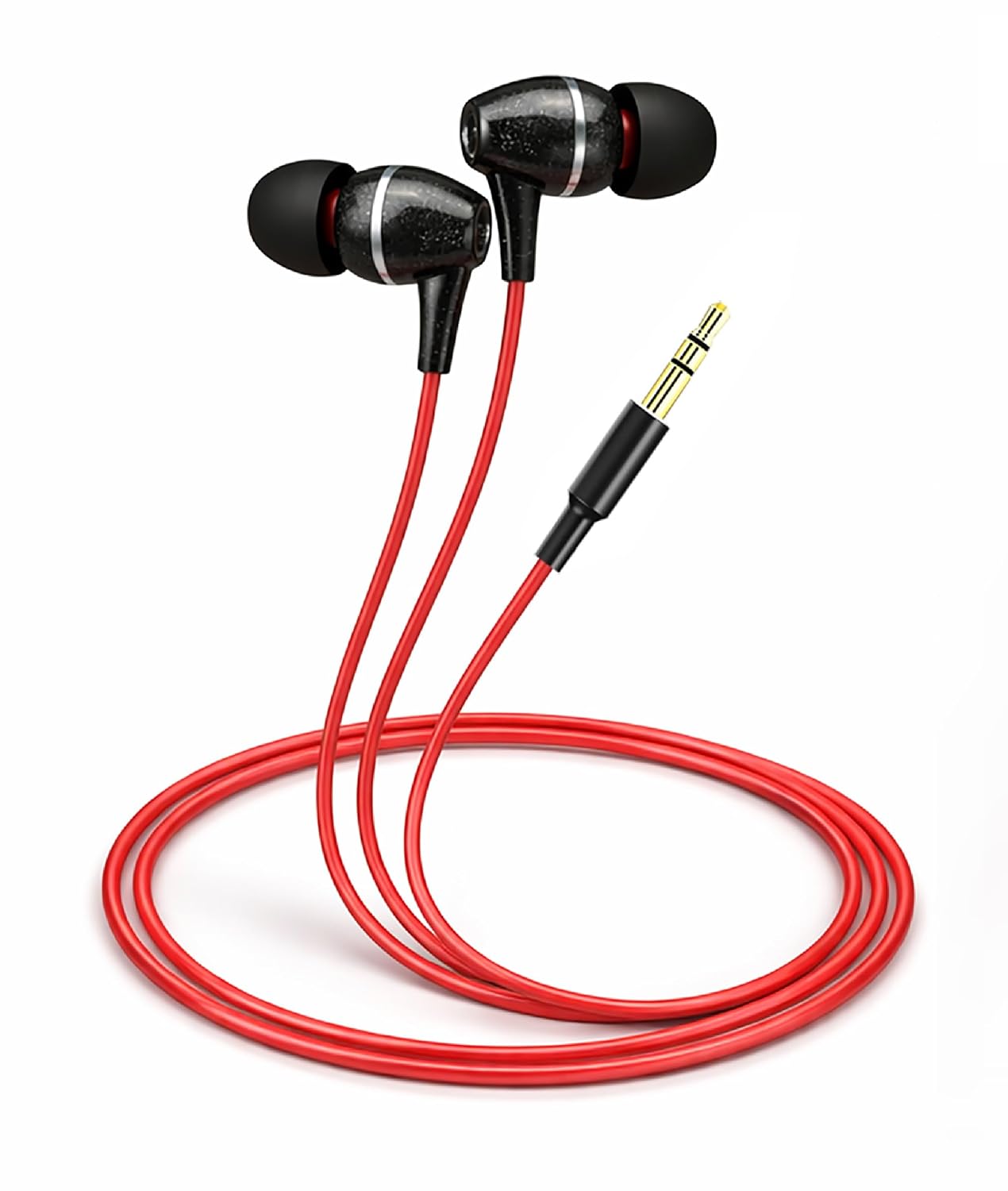71QEAgg1fEL._SL1500_.jpg MX in-Ear Headphones – Black & Red, Crystal Clear Sound, Noise Isolation, High Bass Wired Earbuds with Tangle-Free Cable, Comfortable Fit, Aux Port (No Mic) - Image 1