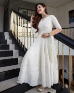 LookMark Women's Chikankari Embroidered Ethnic Gown, Ankle Length Flared Dress, 3/4 Sleeves, Traditional Indian Wear - Image 5