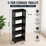 Plastic Storage Trolley Rack with Wheels, 5-Layer Rolling Utility Cart, Space-Saving Home Organizer Rack, Kitchen, Bathroom, Office Storage| Black (1 Pcs, 5-Layer) - Image 2