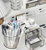 360° Rotating Desk Organizer with 2 Drawers | Multi-Purpose Pen Stand & Stationery Holder | Smooth Steel Ball Bearing For Office, Study & Home Desk Storage I Makeup Brush Holder Makeup Organizer - Image 5