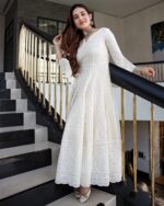 LookMark Women's Chikankari Embroidered Ethnic Gown, Ankle Length Flared Dress, 3/4 Sleeves, Traditional Indian Wear - Image 3